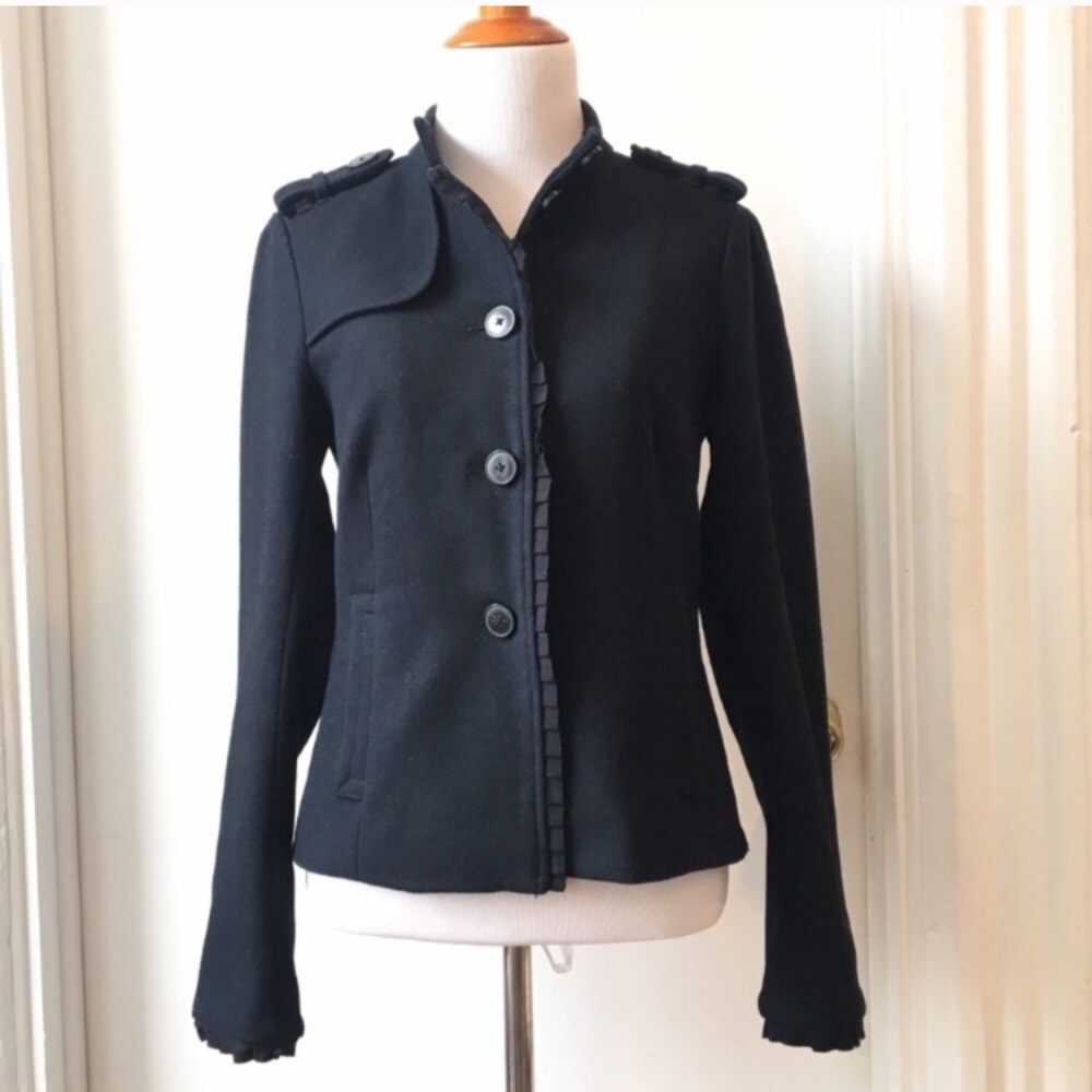 Gap utility military wool jacket navy blue coat ruffle trim size 2 dark acadamia